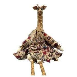 large Handcrafted Giraffe Doll Patriotic Dress & Lace Accents wood brown READ